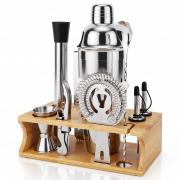 Idymere Cocktail Shaker Set Bartender Kit with Stand, 10PCS Stainless Steel Bar Tools Drink Mixer Set with Martini Shaker, Muddler, Jigger, Strainer, Mixing Spoon, Bar Cart Accessories for Beginners