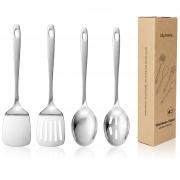 Idymere 4PCS Stainless Steel Kitchen Cooking Utensils Set, Metal Spatula Solid & Slotted Turner Fipper, Serving and Slotted Spoons, Heat Resistant Spatula Set for Flipping Fish, Eggs, Pancakes
